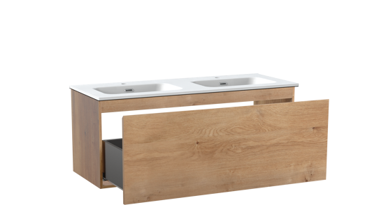 Linie Lado meuble salle de bains suspendu 120 x 46 cm chêne naturel avec Baro double vasque en porcelaine blanc mat