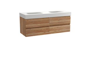 Balmani Lucida zwevend badkamermeubel 150 x 55 cm teak met Arcato dubbele wastafel in solid surface mat wit