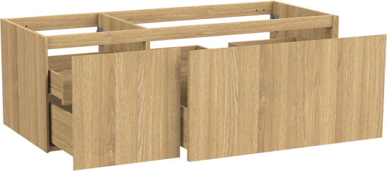 Balmani Idra hängender Waschbeckenunterschrank: 135 x 55 cm, asymmetrisch rechts, Eiche Natur, Furnierholz, 4 Schubladen