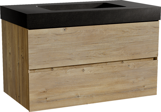 Storke Edge zwevend badmeubel 95 x 52 cm ruw eiken met Scuro High enkele wastafel in kwarts mat zwart