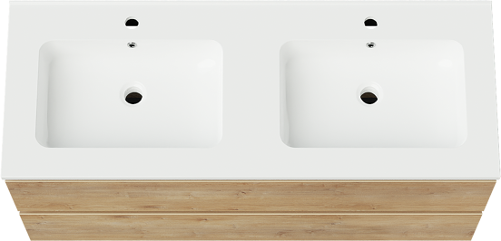 Linie Lado meuble salle de bains suspendu 120 x 46 cm chêne naturel avec Vano double vasque en marbre composite blanc brillant