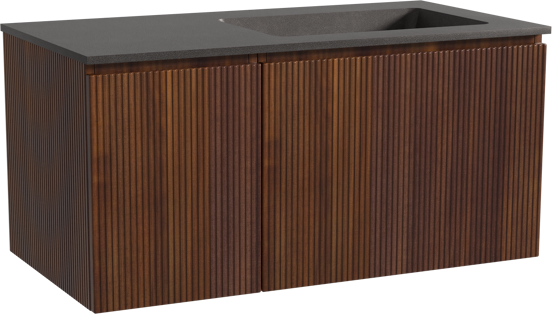 Storke Ribs zwevend badkamermeubel 100 x 52 cm notelaar met Scuro asymmetrisch rechtse wastafel in kwarts mat zwart, Verticale symmetrische rechte ribbel