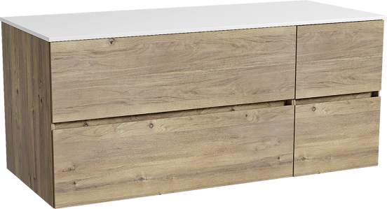 Storke Edge zwevend badmeubel 120 x 52 cm ruw eiken met Tavola enkel of dubbel wastafelblad in solid surface mat wit