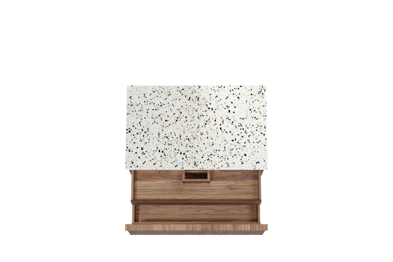 Balmani Forma hängendes Möbelstück Set: 90 x 55 cm, Amerikanischer Nussbaum, mit Stretto Einzel Waschtischplatte, Terrazzo in Weiß/Schwarz matt, Vertikale asymmetrische Runde Rippe