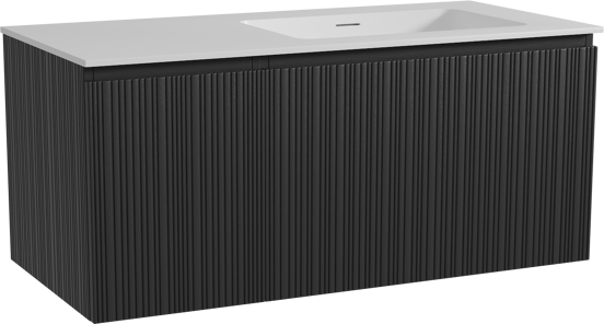 Storke Ribs meuble salle de bains suspendu 110 x 52 cm chêne noir avec Mata vasque asymétrique droite en solid surface blanc mat, Nervure droite asymétrique verticale