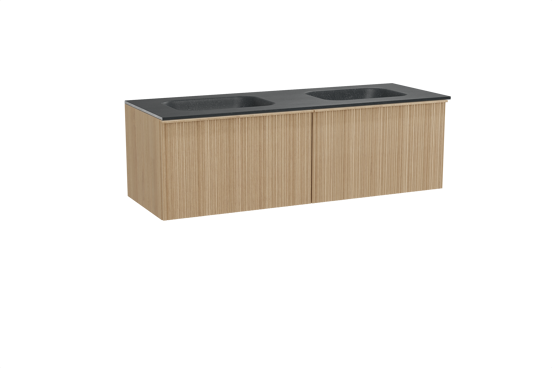 Balmani Forma zwevend badkamermeubel 150 x 55 cm natuur eik met Tablo Arcato dubbele wastafel in graniet zwart, Verticale asymmetrische ronde ribbel