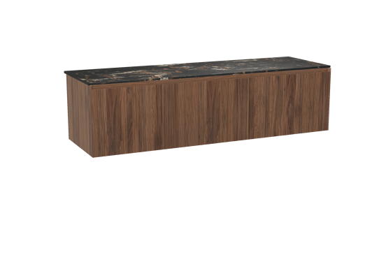 Balmani Fila hängendes Möbelstück Set: 180 x 55 cm, Nussbaum, mit Stretto Einzel- oder Doppel Waschtischplatte, Marmor, Portoro Gold, Vertikale symmetrische gerade Rippe