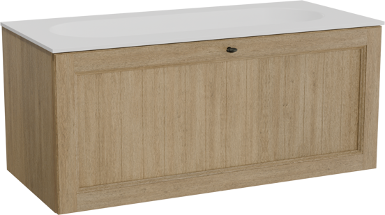 Balmani Lemon hängendes Möbelstück Set: 120 x 55 cm, Verwitterte Eiche, mit Tablo Oval Einzelwaschtisch für 2 Armaturenlöcher, Solid Surface Weiß matt