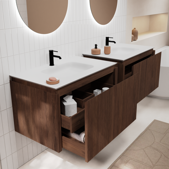 Balmani Eclips meuble salle de bains suspendu 90 x 55 cm Noyer américain avec Eclips plan simple en Solid Surface blanc mat, Nervure droite symétrique verticale