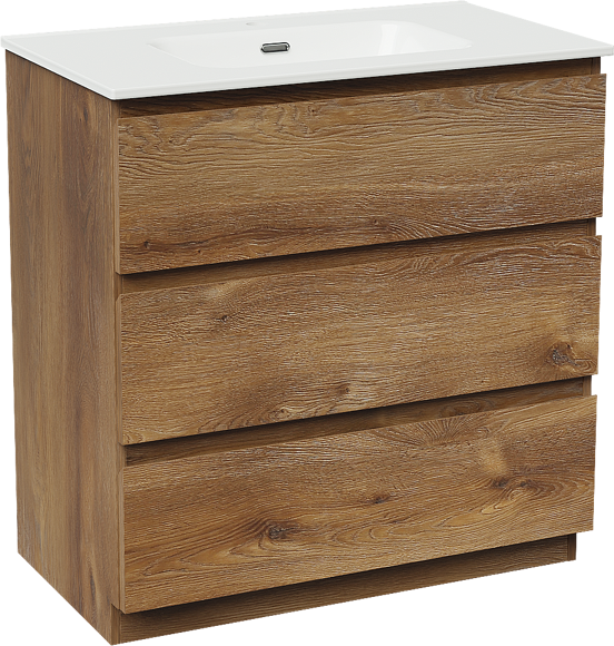 Linie Lado staand badmeubel 80 x 46 cm bruin eiken met Baro enkele wastafel in porselein hoogglans wit