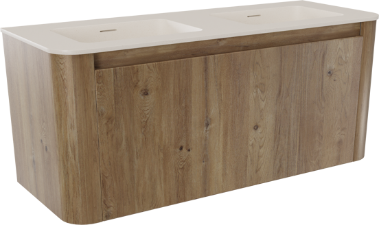Storke Soft hängendes Möbelstück Set: 120 x 46 cm, Eiche rau, mit Mata Soft Doppelwaschtischplatte Solid Surface Beige Granit