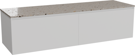 Balmani Idra hängendes Möbelstück Set: 180 x 55 cm, Weiß matt, mit Stretto Einzel- oder Doppel Waschtischplatte, Terrazzo in Greige