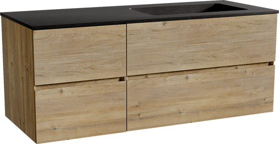 Storke Edge zwevend badmeubel 130 x 52 cm ruw eiken met Scuro asymmetrisch rechtse wastafel in kwarts mat zwart