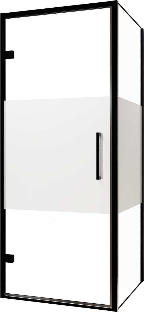 Balmani Senses Design douche en coin avec porte pivotante à gauche et paroi latérale fixe, 90 x 100 cm, Verre transparent avec bande matte, Profil noir