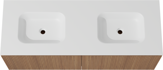 Balmani Eclips zwevend badkamermeubel 150 x 55 cm Teak met Tablo Arcato dubbele wastafel in Solid Surface mat wit, Verticale symmetrische rechte ribbel