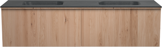 Balmani Forma zwevend badmeubel 180 x 55 cm naturel eiken met Tablo Arcato dubbele wastafel in graniet zwart graniet Verticale symmetrische rechte ribbel