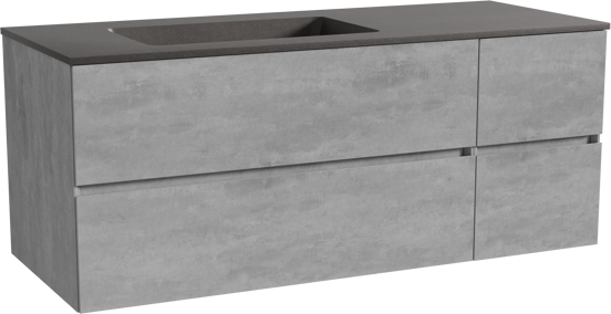 Storke Edge zwevend badmeubel 130 x 52 cm beton donkergrijs met Scuro asymmetrisch linkse wastafel in kwarts mat zwart