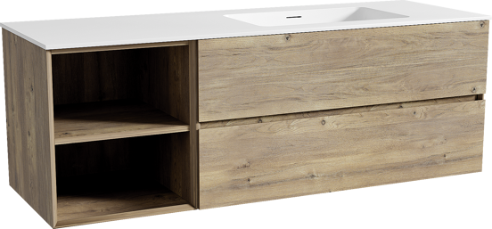 Storke Edge meuble salle de bains suspendu 150 x 52 cm chêne brut avec Mata plan vasque asymétrique à droite en solid surface blanc mat