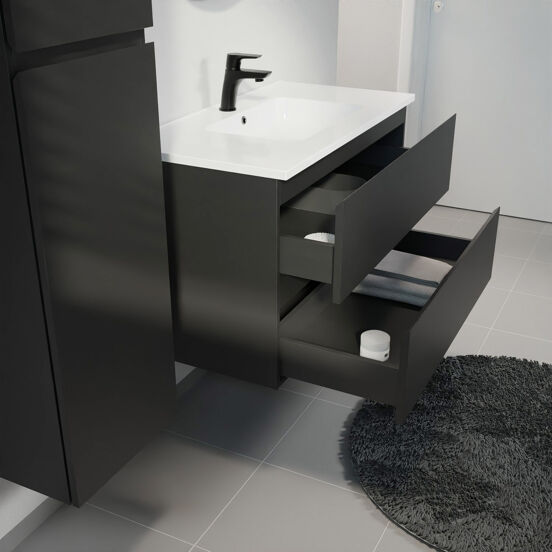 Linie Lado meuble salle de bains suspendu 90 x 46 cm noir mat avec Vano plan simple en marbre composite blanc brillant