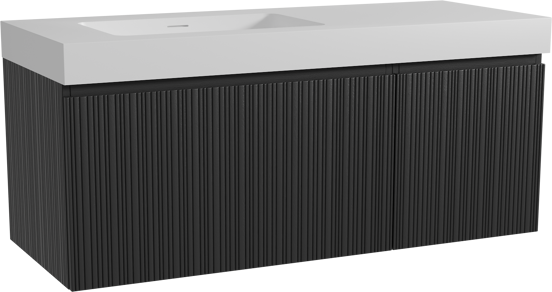 Storke Ribs meuble salle de bains suspendu 130 x 52 cm chêne noir avec Mata High vasque asymétrique gauche en solid surface blanc mat, Nervure droite asymétrique verticale