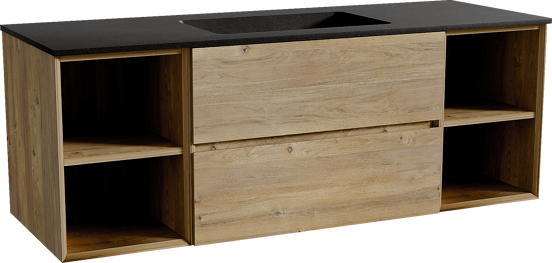 Storke Edge zwevend badmeubel 145 x 52 cm ruw eiken met Scuro enkele wastafel in kwarts mat zwart