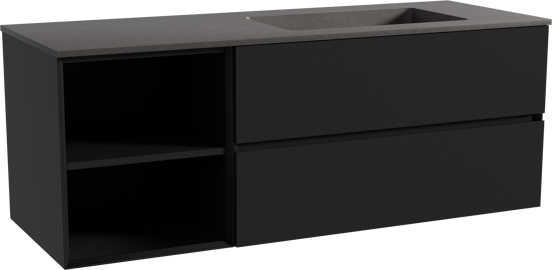 Storke Edge zwevend badmeubel 140 x 52 cm mat zwart met Scuro asymmetrisch rechtse wastafel in kwarts mat zwart