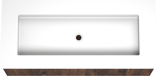 Balmani Forma zwevend badkamermeubel 120 x 55 cm amerikaanse notelaar met Tablo Stretto enkele wastafel voor 2 kraangaten in solid surface mat wit, Verticale symmetrische rechte ribbel