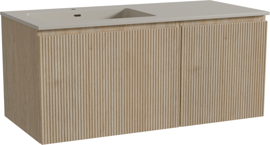 Storke Ribs zwevend badkamermeubel 110 x 52 cm ruwe eik met Diva asymmetrisch linkse wastafel in top solid zijdegrijs, Verticale symmetrische rechte ribbel
