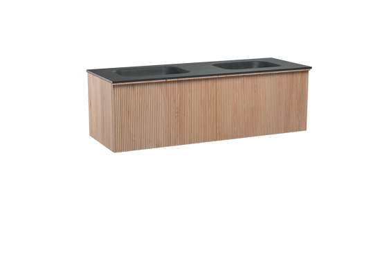 Balmani Forma meuble salle de bains suspendu 150 x 55 cm chêne naturel avec Tablo Arcato double vasque en granit noir, Nervure droite symétrique verticale