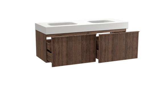 Balmani Forma meuble salle de bains suspendu 150 x 55 cm noyer américain avec Arcato double vasque en solid surface blanc mat, Nervure droite symétrique verticale