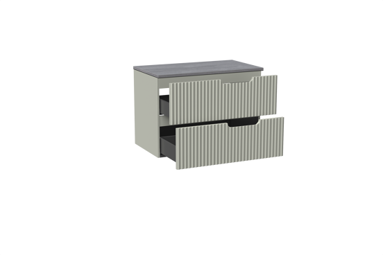 Linie Ribbo zwevend badmeubel 80 x 46 cm greige met Lado enkel wastafelblad in melamine beton donkergrijs, Verticale symmetrische ronde ribbel