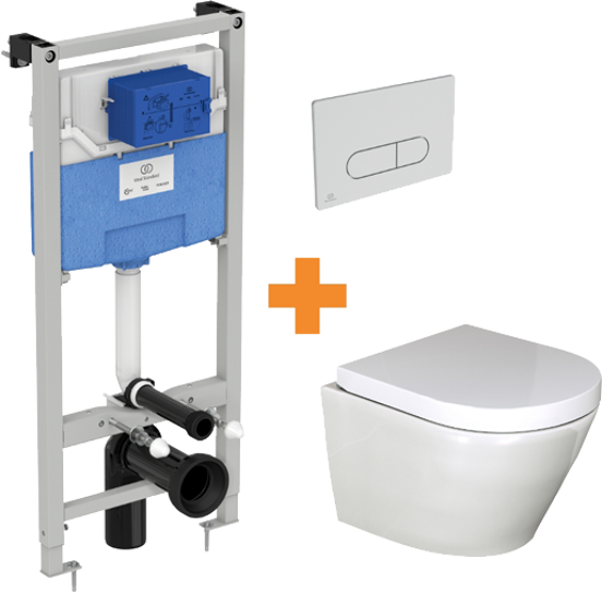 Luca Varess Calibro WC suspendu blanc brillant sans bride compact avec bâti-support et Ideal Standard Oleas M1 chrome mat plaque de commande gratuit