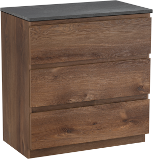 Linie Lado staand badkamermeubel 80 x 46 cm bruine eik met Lado enkel tablet in melamine leisteen grijs
