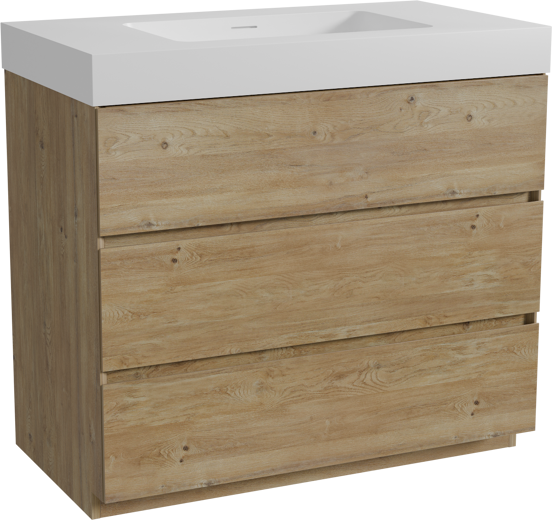 Storke Edge freistehendes Möbelstück Set: 95 x 52 cm, Rohe Eiche, mit Mata High Einzelwaschtisch, Solid Surface Weiß matt