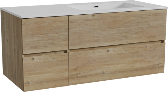 Storke Edge zwevend badmeubel 120 x 52 cm ruw eiken met Diva asymmetrisch rechtse wastafel in composietmarmer hoogglans wit