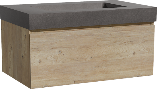 Storke Edge hängendes Möbelstück Set: 85 x 52 cm, Rohe Eiche, mit Scuro High Einzelwaschtisch, Quarz Schwarz matt