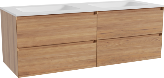 Balmani Mitra zwevend badkamermeubel 150 x 55 cm teak met Tablo Strada dubbele wastafel in composietmarmer mat wit