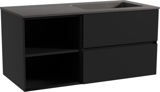Storke Edge zwevend badmeubel 110 x 52 cm mat zwart met Scuro asymmetrisch rechtse wastafel in kwarts mat zwart