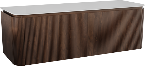 Balmani Moon zwevend badkamermeubel 160 x 55 cm amerikaanse notelaar met Moon enkel of dubbel tablet in solid surface mat wit, Verticale symmetrische rechte ribbel