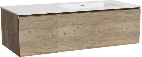 Storke Edge meuble salle de bains suspendu 120 x 52 cm chêne brut avec Mata plan vasque asymétrique à droite en solid surface blanc mat