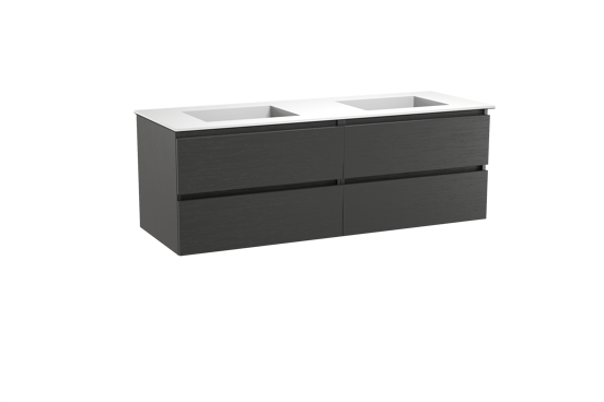 Balmani Lucida zwevend badkamermeubel 150 x 55 cm zwarte eik met Tablo Stretto dubbele wastafel in solid surface mat wit