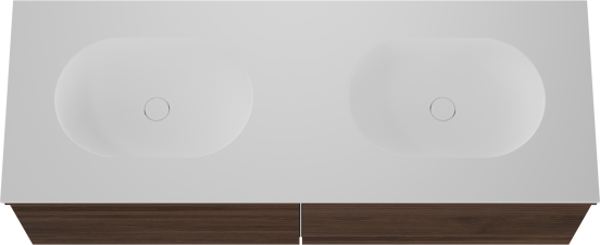 Balmani Forma meuble salle de bains suspendu 150 x 55 cm noyer américain avec Tablo Oval double vasque en solid surface blanc mat, Nervure droite symétrique horizontale