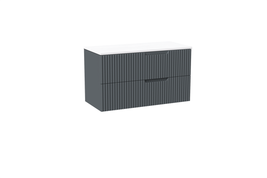 Linie Ribbo meuble salle de bains suspendu 100 x 46 cm bleu anthracite avec Lado tablette simple ou double en marbre composite blanc mat, Nervure circulaire symétrique verticale