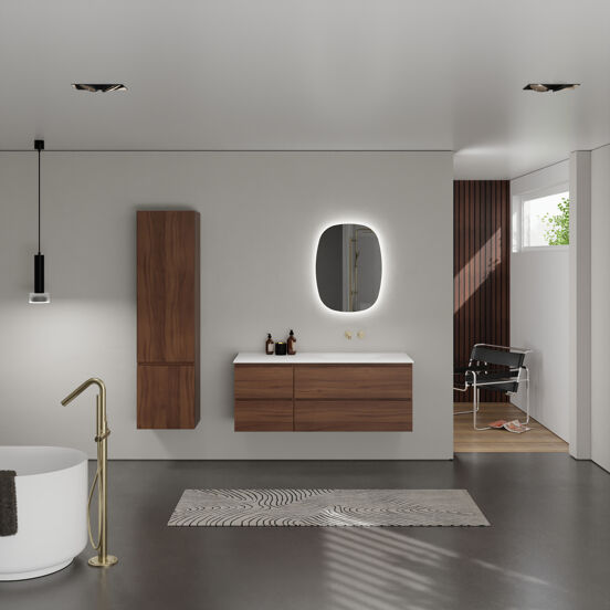 Balmani Lucida meuble salle de bains suspendu 135 x 55 cm noyer américain avec Tablo Arcato vasque asymétrique droite en solid surface blanc mat