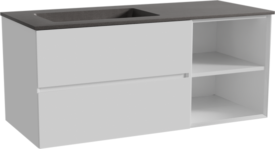 Storke Edge hängendes Möbelstück Set: 120 x 52 cm, Weiß glänzend, mit Scuro Waschtisch links, Quarz Schwarz matt