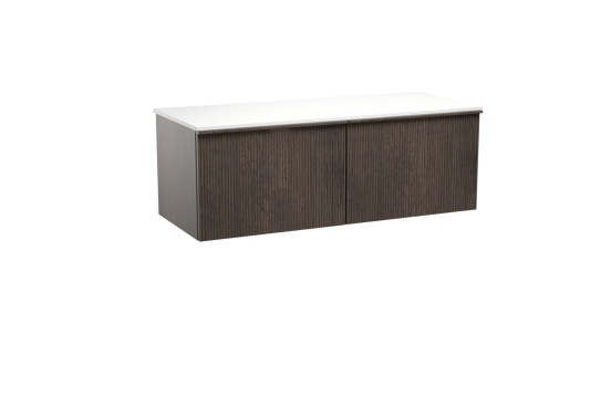 Balmani Forma hängendes Möbelstück Set: 135 x 55 cm, Geräucherte Eiche, mit Stretto Einzel- oder Doppel Waschtischplatte, Solid Surface, Weiß matt, Vertikale symmetrische gerade Rippe