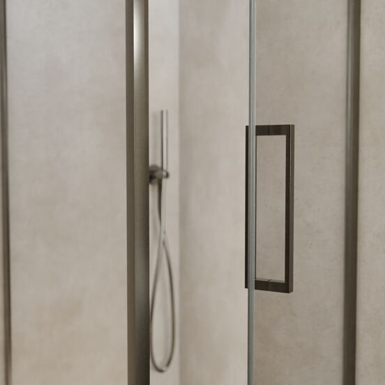Balmani Senses Design Eckdusche: Drehtür (Rechts) mit fixierte Seitenwand, 90 x 90 cm, Klarglas, Profil Brushed GunMetal