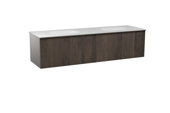Balmani Forma zwevend badkamermeubel 180 x 55 cm gerookte eik met Tablo Oval dubbele wastafel in solid surface mat wit, Verticale symmetrische rechte ribbel