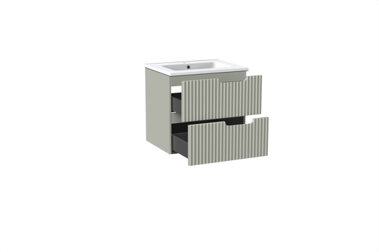 Linie Ribbo meuble salle de bains suspendu 60 x 46 cm greige avec Vano plan simple en marbre composite blanc brillant, Nervure circulaire symétrique verticale