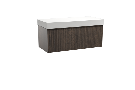 Balmani Forma hängendes Möbelstück Set: 120 x 55 cm, Geräucherte Eiche, mit Dominus Einzel- oder Doppel Waschtischplatte, Solid Surface, Weiß matt, Vertikale symmetrische gerade Rippe
